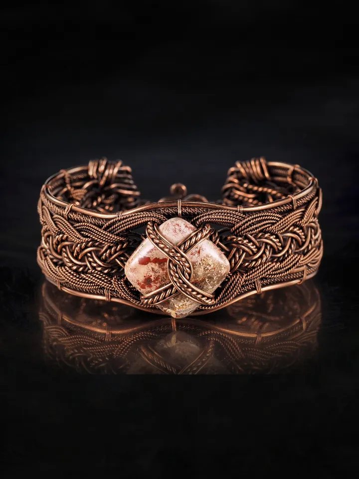 Copper wire wrapped jasper bracelet Unique woven copper wire bangle