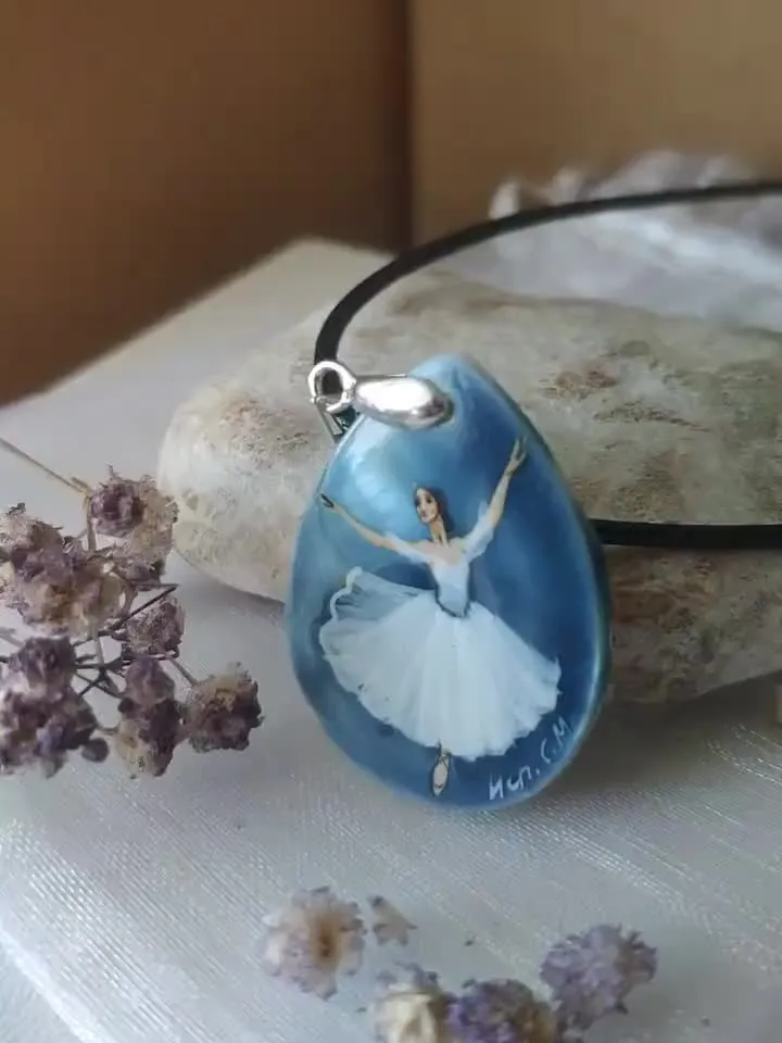 Pearl pendant necklace: Thumbelina tiniest ballerina dancer • Painted lacquer art shell • Original extra small painting on dainty pendant
