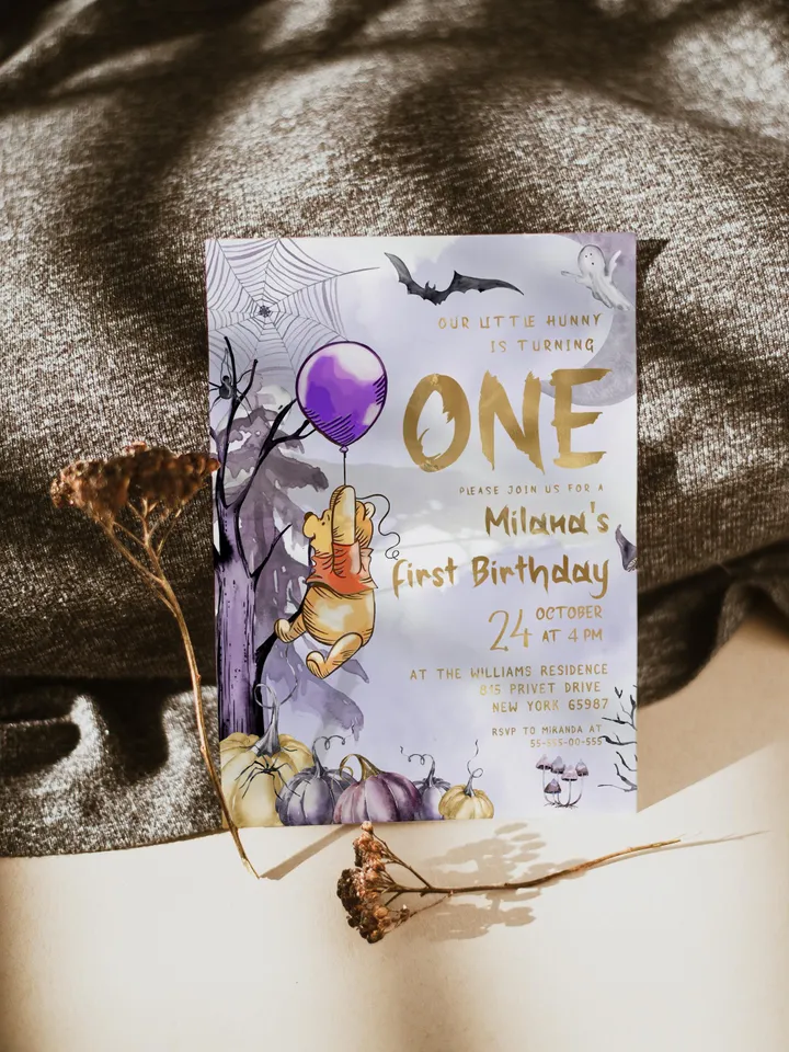 Winnie the Pooh Halloween Birthday invitation Classic Winnie Pooh; Neutral Winnie Pooh Turning one Winnie Pooh Birthday Party