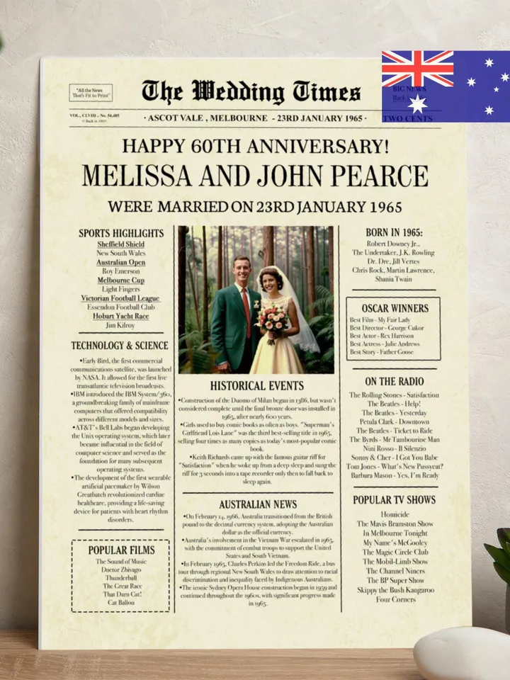 60th diamond wedding anniversary gift for parents 1965 australian newspaper poster printable the wedding times 60 year keepsake card