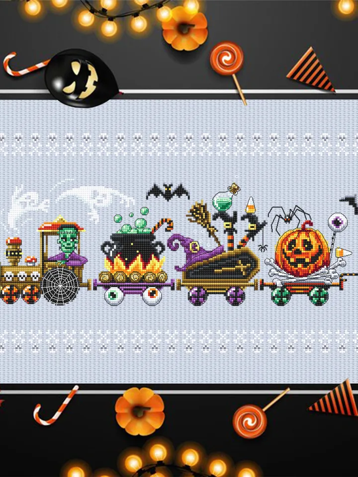 Halloween train cross stitch pattern PDF download Happy Halloween cross stitch chart, Black cat, Spooky ghost, Halloween home decor #H62