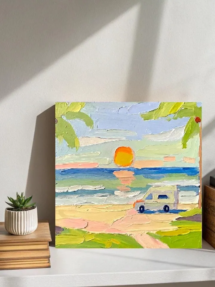 San Diego Beach Travel Original Art Impasto Oil Painting Small Camper Vanlife Impressionist Artwork Gift by ArtProkopaloSv