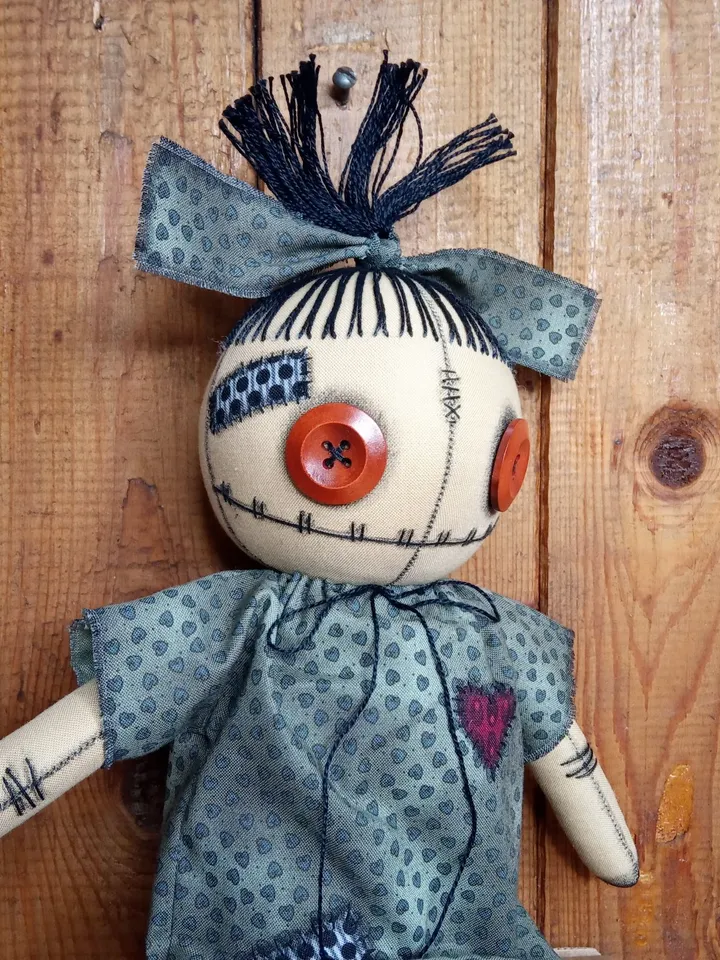 Handmade Doll With Button Eyes (Green Dots)