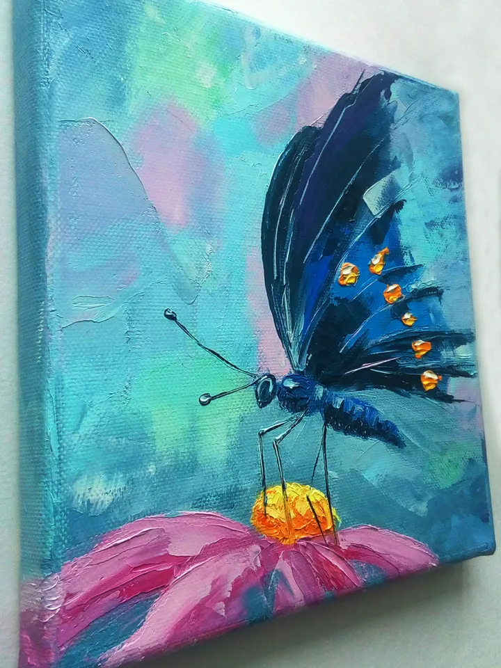 Butterfly oil painting, Butterfly on a flower, Mini painting, Oil painting