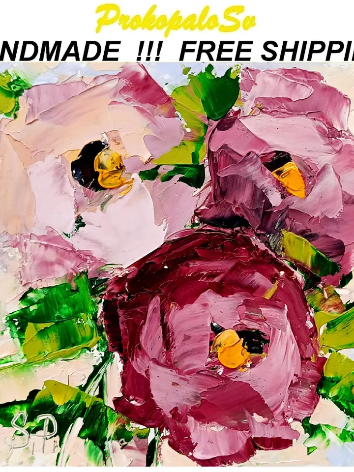 Peony Painting Cornflower Original Art Impasto Oil Painting 4x4 Impasto Peony Wall Art Floral Meadow Painting Field