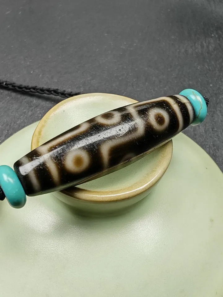 Gandhanra Vintage Tibetan 9 Eyes Dzi Bead Necklace,Protective Charm,Spiritual Gift,1.5" x 0.4"