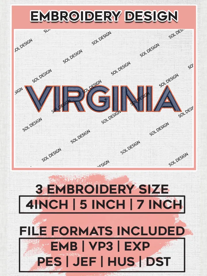 NCAA Virginia College Team Word Logo Embroidery Design Files, NCAA Virginia Cavaliers Machine Embroidery, NCAA Teams, 3 sizes, NCAA Machine embroidery designs, Digital Download
