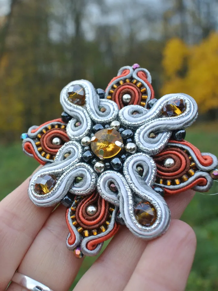Beaded brooch, orange brooch, gold brooch flower, Embroidered soutache brooch, royal cross brooch