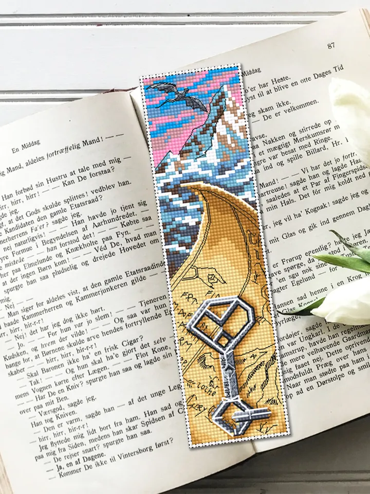 Fantasy bookmark Lonely Mountain Erebor cross stitch pattern download PDF Handmade bookmark digital PDF, Fairy movie cross stitch, Wizard world, Dwarf key #B102