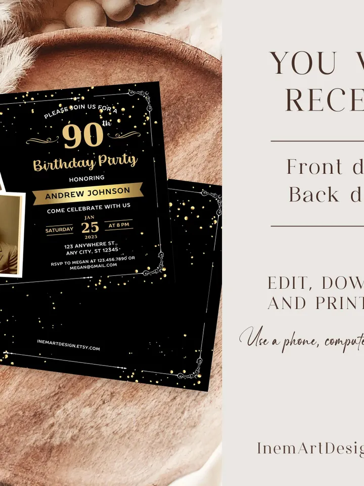 90th Birthday invitation with Photo | Adult Birthday Photo Invite | Mens birthday Black Gold landscape invitation card | Canva template