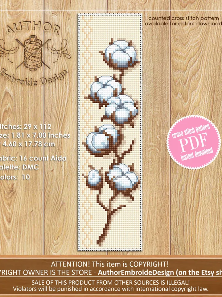 Flower bookmark set cross stitch pattern PDF download Floral bookmark for women, Bookmark pattern digital PDF Lavender, Sakura, Cotton #B265