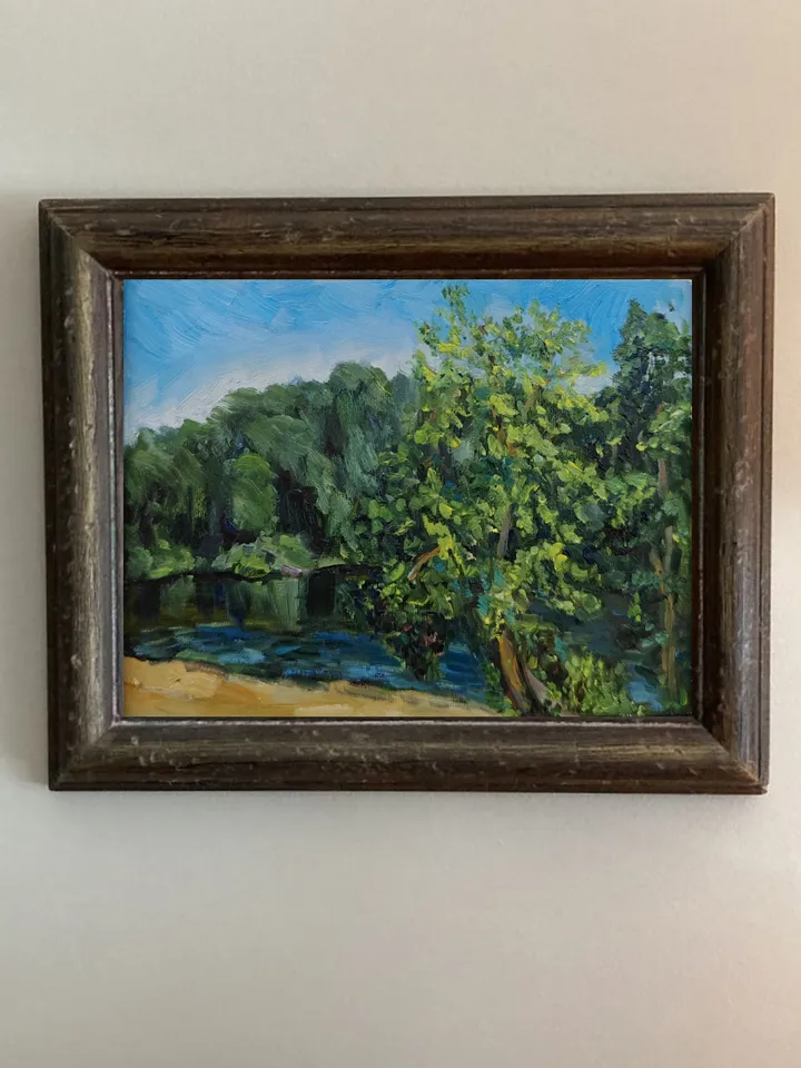 Original oil painting scenery forest lake