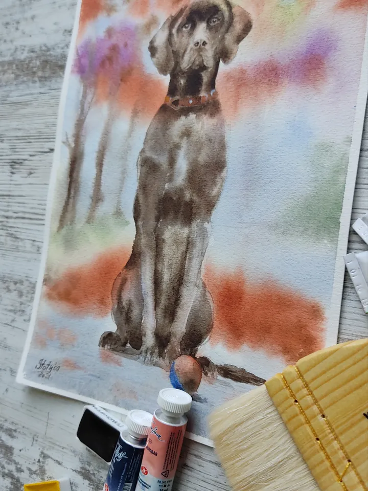 Walking with the dog. Original watercolor painting.