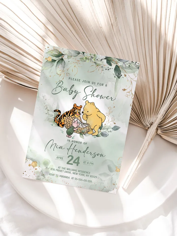 Classic Winnie Pooh Baby Shower Suite; Winnie the Pooh Baby Shower Template; Greenery Flowers Baby Shower Bundle; Baby Shower trend of 2023
