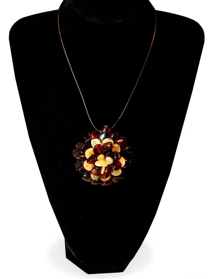 Big Flower Amber Pendant Necklace Genuine Precious Amber Jewelry Birthday Christmas Gift For Wife Mom Women Gemstone Flower Festive Jewelry Burgundy - cognac color with milky