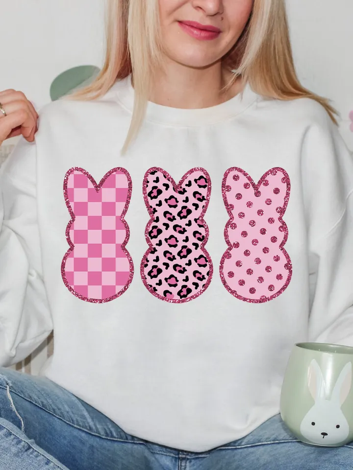 Bougie Bunnies PNG Easter Bunny PNG Easter Shirt Design Preppy PNG Leopard Print Pink Easter Png, Trendy Peeps design, Chekred Glitter