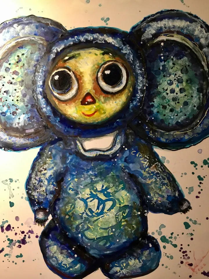 Cheburashka toy original painting,handmade mix media painting on yupo paper,kids room painting,wall decoration,gift,one of a kind