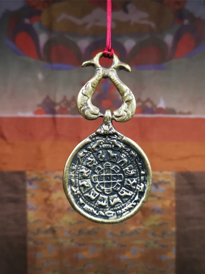 Gandhanra Vintage Tibetan Buddhist Calendar Badge,Melong Mirror, SIPAHO Amulet(srid pa ho),Jiugong Bagua,made of Brass,1.8&quot;