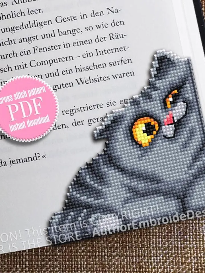 Gray cat corner bookmark cross stitch pattern PDF download Cat cross stitch chart, Cat bookmark pattern digital PDF, Cat lover gift #B423