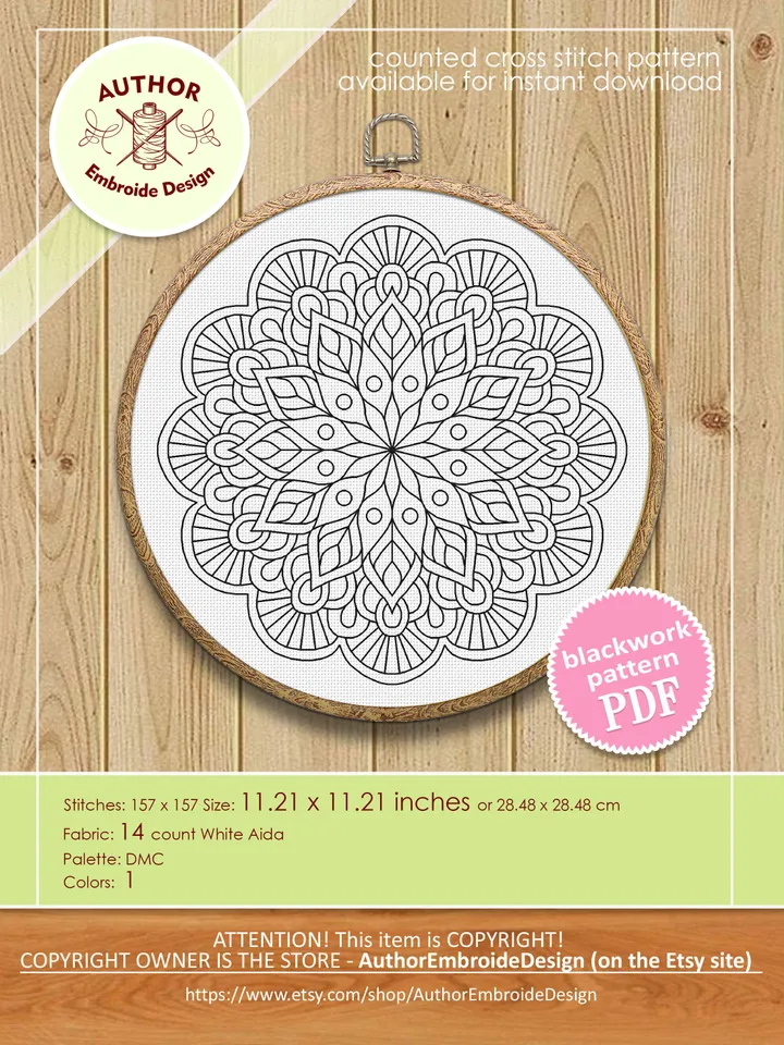 Flower mandala blackwork pattern PDF download Mandala ornament Backstitch chart, Blackwork mandala hand embroidery PDF, Mandala art #W45