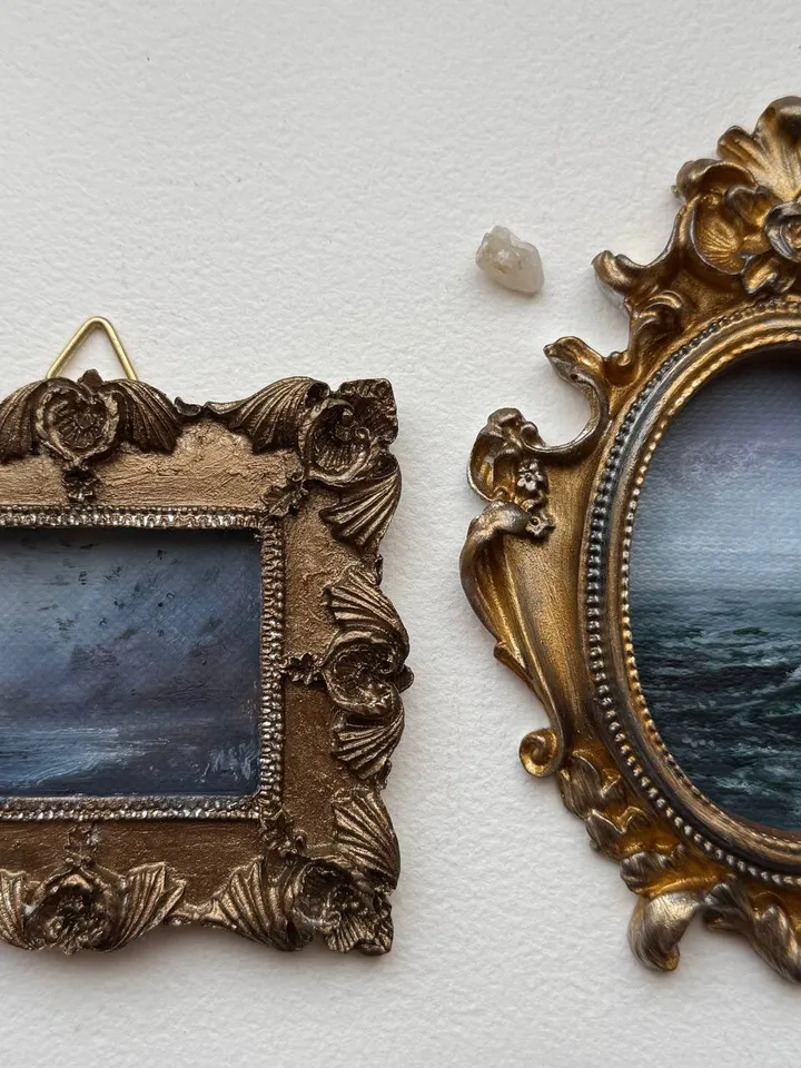 Small Landscape Oil Painting Framed Original Dark Ocean Art Coastal Antique Frame Tiny Paintings 3 x 4 Art Victorian artwork