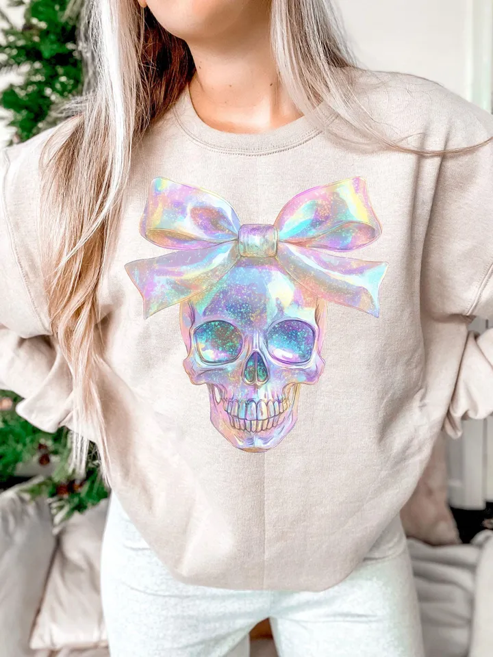 Iridescent Skull PNG, Coquette Halloween Design, Iridescent Ghost Skull Design, Halloween PNG, Girly Halloween Png, Cute Gothic Png
