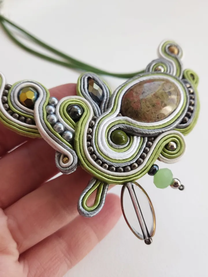 Green Statement Necklace with Unakite Stone, Soutache embroidered necklace with natural stone