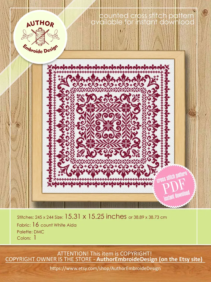 Square mandala cross stitch pattern PDF download, Floral ornament pattern for cross stitch pillow, Carpet counted cross stitch sampler #M202