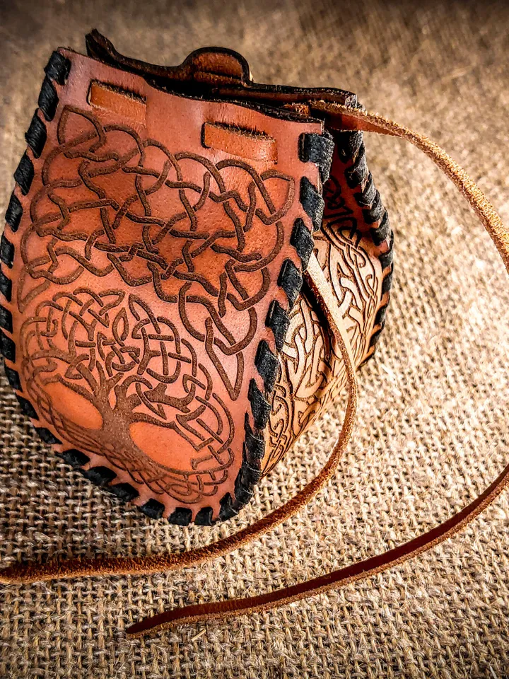 Celtic Scandinavian Stone Runes. Leather Bag. Elder Futhark. Viking Rituals. Yggdrasil. Norse World Tree. Tree of Life. Magic Symbol.