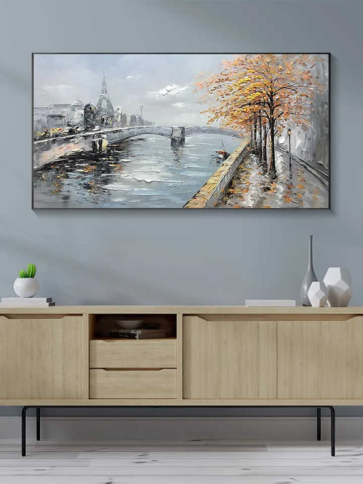Large Original Oil Painting on Canvas,Abstract Art,Boho Wall Decor,Lake,Trees,Landscape,Bridge,Nature,Living Room Painting, Large Wall Art