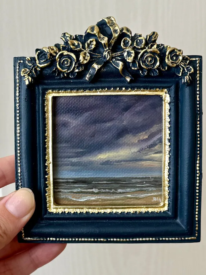 Small Landscape Oil Painting Framed Original Dark Clouds Antique Ocean Art Coastal Antique Frame Tiny Paintings 4 x 4 Art Victorian artwork