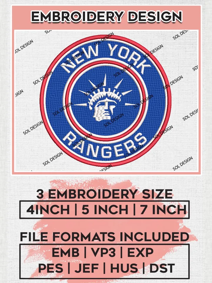 NHL New York Rangers Round Logo Embroidery Files, NHL New YNew York Rangers Team Embroidery Designs, NHL Embroidery Designs, NHL Machine Embroidery Designs, Digital Download