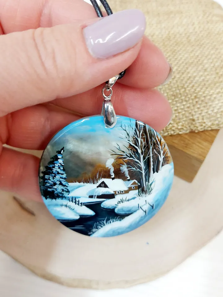 Nice Pendant Winter landscape. River. Mother-of-pearl Russian hand painting. Hand-painted necklace pendant. Hand painted miniature painting