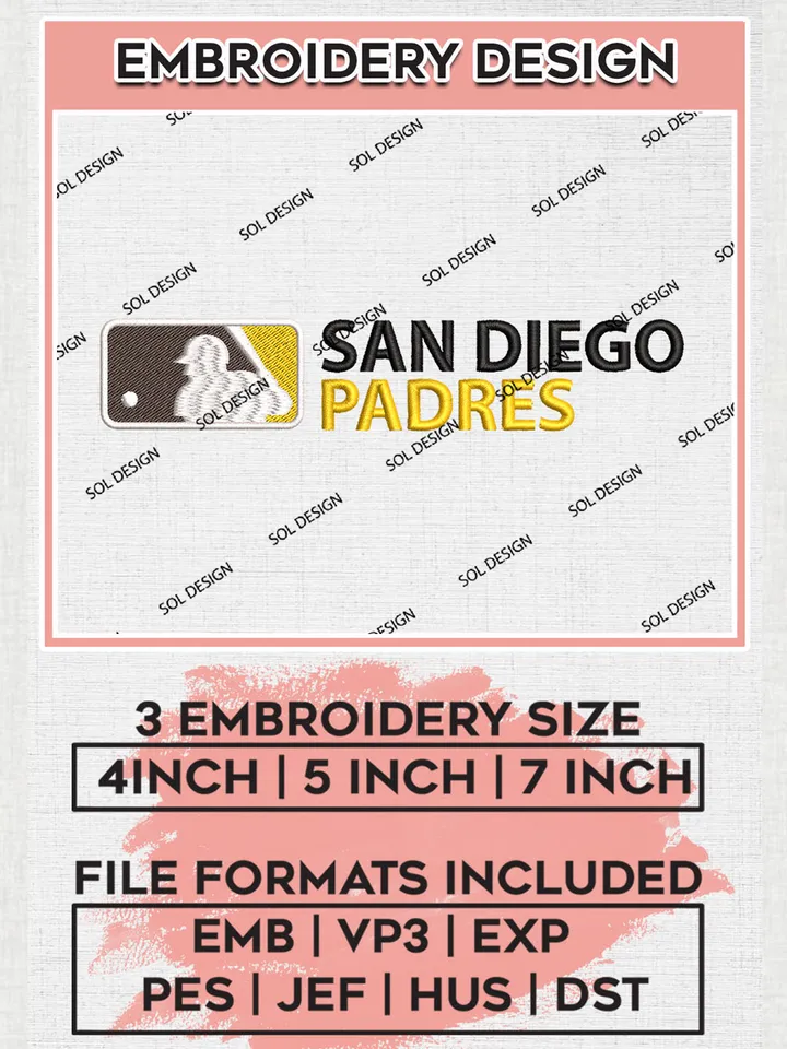 MLB San Diego Padres Logo Embroidery Files, MLB San Diego Padres Team Embroidery Designs, MLB Teams, 3 sizes, MLB Machine embroidery designs, Digital Download