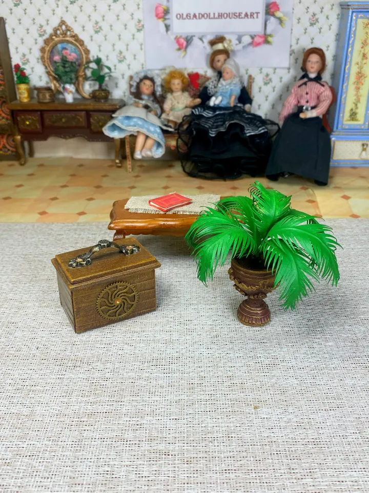 Palm tree in a brown-golden flowerpot. Dollhouse miniature. Handmade. 1:12.