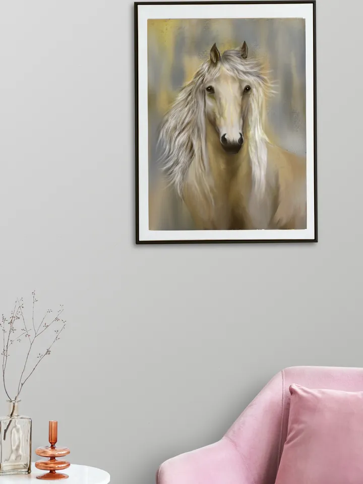 Horse portrait art, Horse wall art, Horse head digital art with white mane