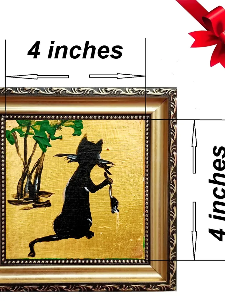 Black cat Mini painting a black cat and mouse painting framed 4x4 in Original Handmade painting Gift by ArtProkopaloSv