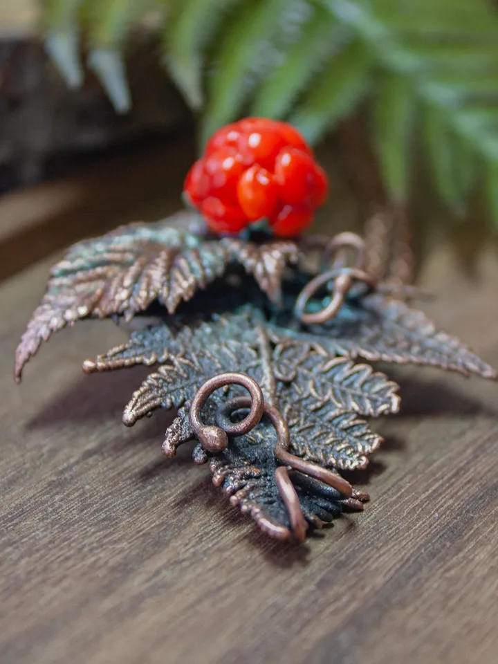 Handmade Copper Pendant Glass Cloudberry Beads, Natural Jewelry, Electroforming, Metal Real Fern Leaf, Great Gift for Her