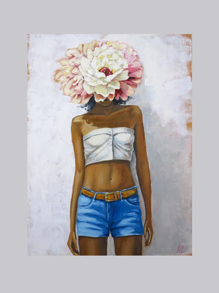 Original Oil Painting Portrait of a Girl with of Flowers Woman Without Face Artwork