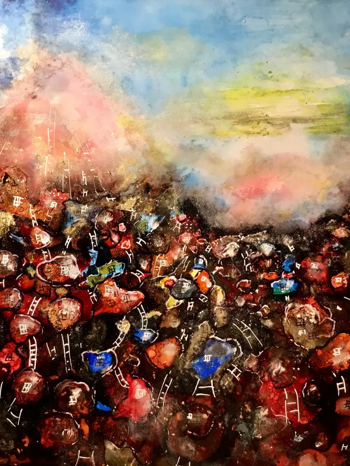 Red town fantasy unique artwork,original alcohol inks mix media painting on heavy yupo paper,fantasy wall art,home decoration.