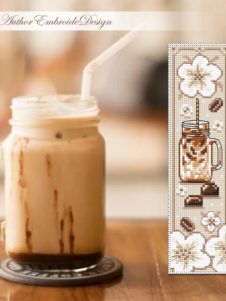 Coffee bookmark cross stitch pattern PDF download Coffee cross stitch chart, Bookmark pattern digital PDF, Iced coffee jar #B380