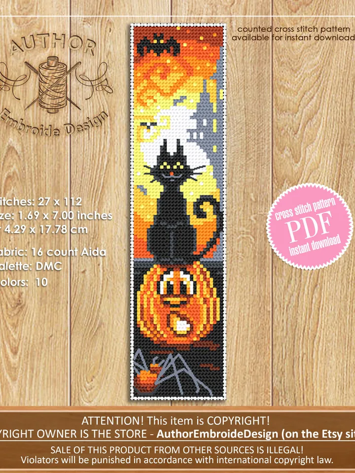 Halloween bookmark set cross stitch pattern PDF download Halloween pumpkin cross stitch, Bookmark pattern digital PDF, Black cat, Bat #B235