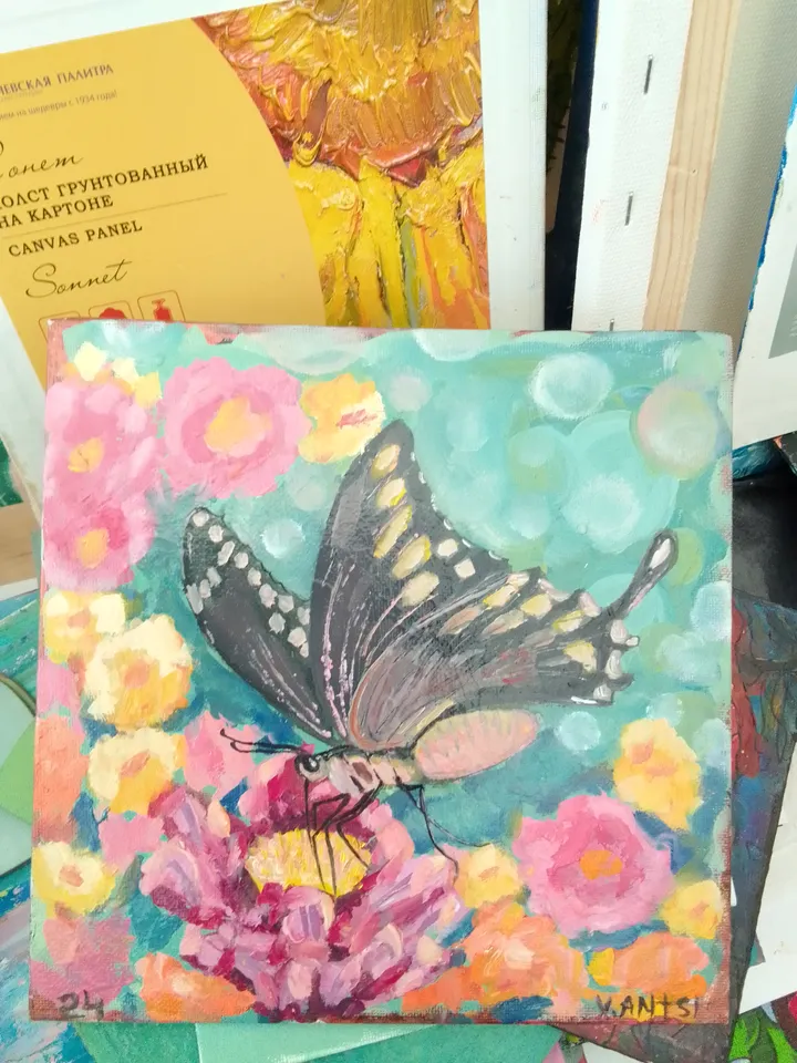 Painting flowers with a butterfly naif art bokeh