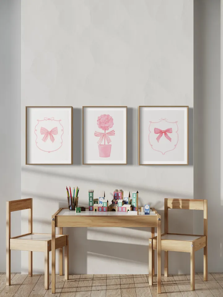 Pink Bow Set Of 3 Watercolor Painting, Nursery Room, Pink Watercolor Bow, Baby Girl Gift, Pink Bow Wall Art,Girly Wall Art,Coquette Pink Bow