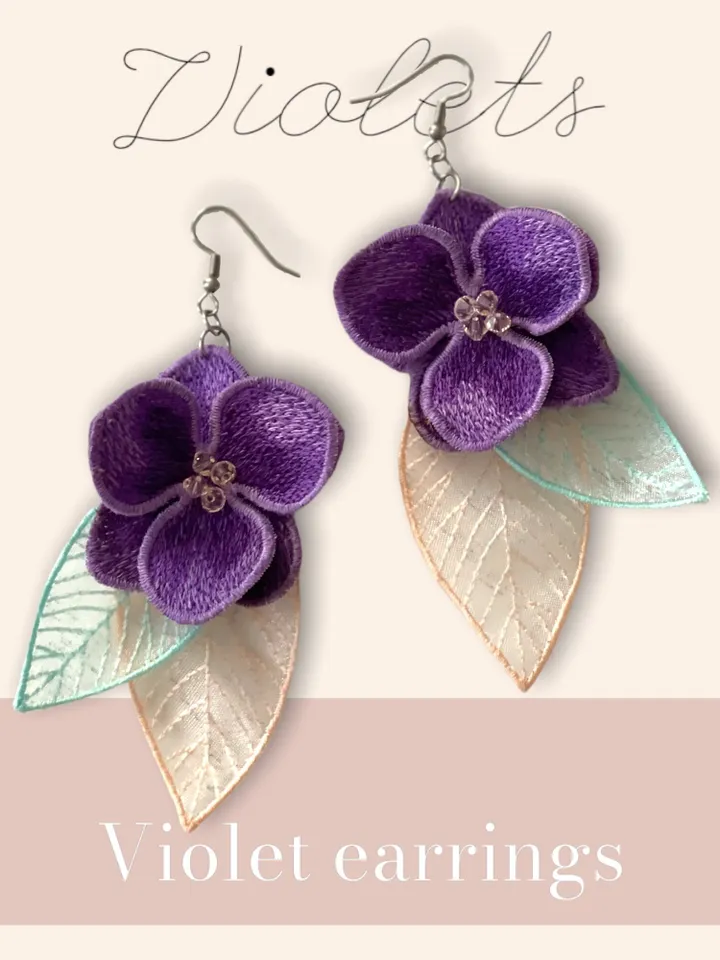 Machine embroidery design violets earrings Digital embroidery pattern Flower motif 3D embroidery chart butterfly embroidery design