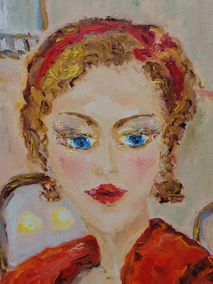 "Street cafe. Woman in red" oil painting on canvas 50x50cm (20x20 inch)