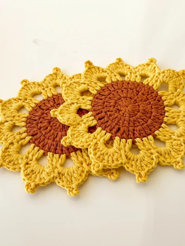Cute Sunflower Crochet Coasters - Handmade Doily Coaster Set for Coffee and Tea - Fall Themed Sunflower Crochet Coaster Gift