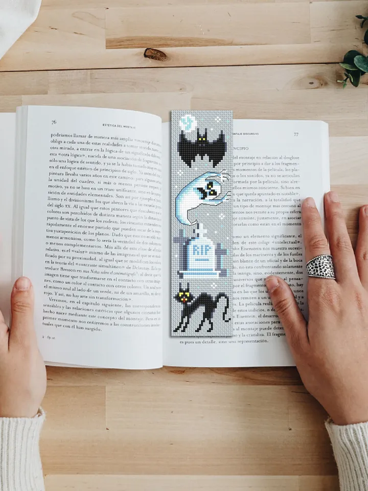Halloween bookmark cross stitch pattern PDF download Ghost cross stitch chart, Handmade bookmark pattern digital, Black cat embroidery #B219