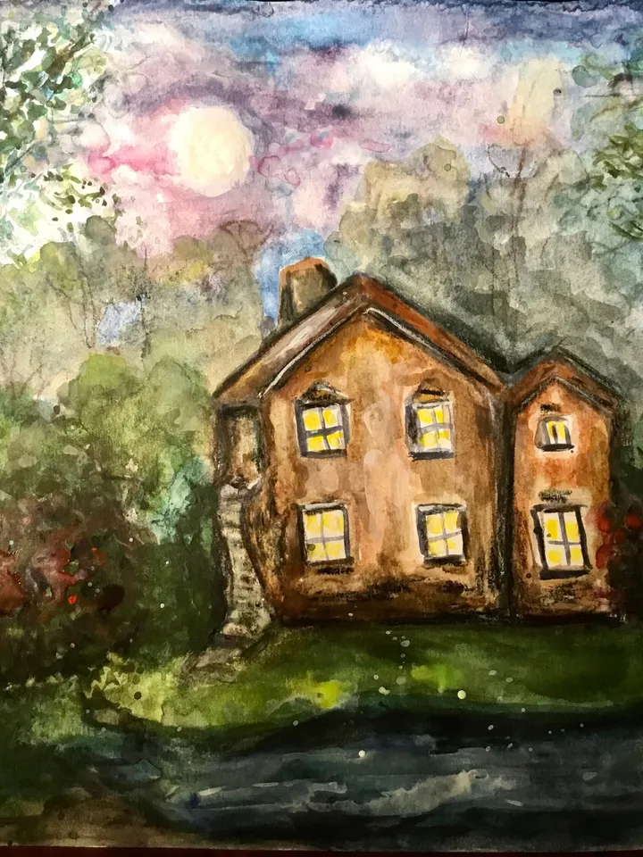 Mysterious House in the woods,original watercolour painting,forest painting,river,landscape painting,unique handmade painting,home decor