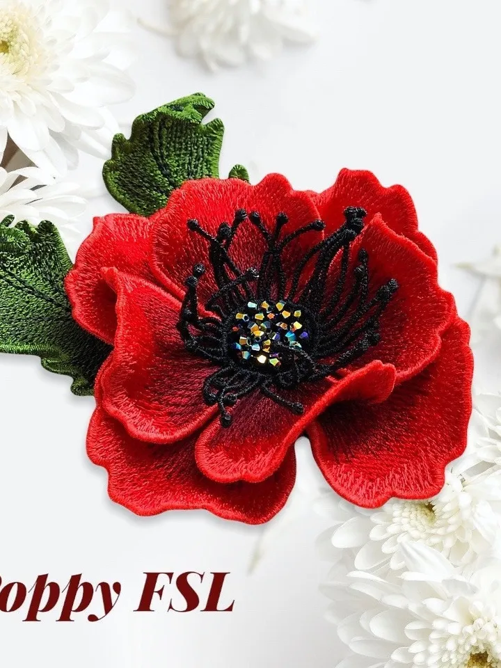 Poppy Brooch Hairpin FSL Machine embroidery design Digital embroidery pattern Free standing lace flower file